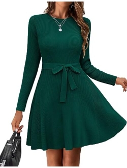 Women's Long Sleeve Sweater Dress Crewneck A-Line Swing Casual Dress Bodycon Ribbed Knit Dresses with Belt
