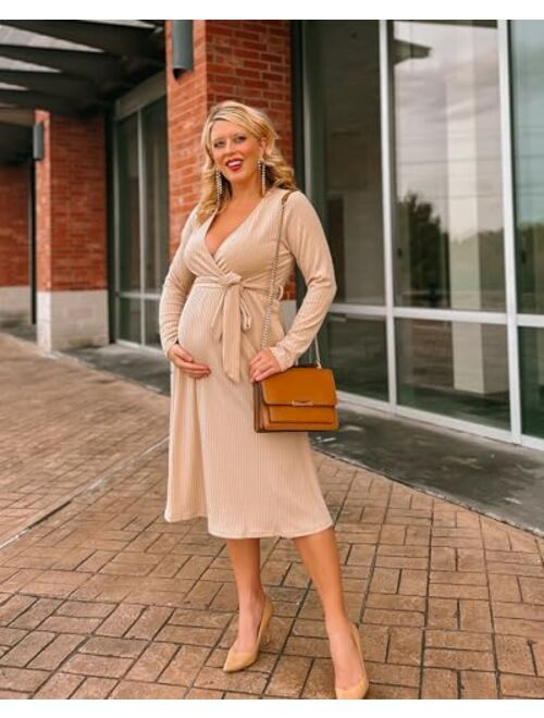 Newshows Women's 2023 Winter Sweater Dress Long Sleeve Spring V Neck Casual Ribbed Knit Belt Holiday Dresses with Pockets