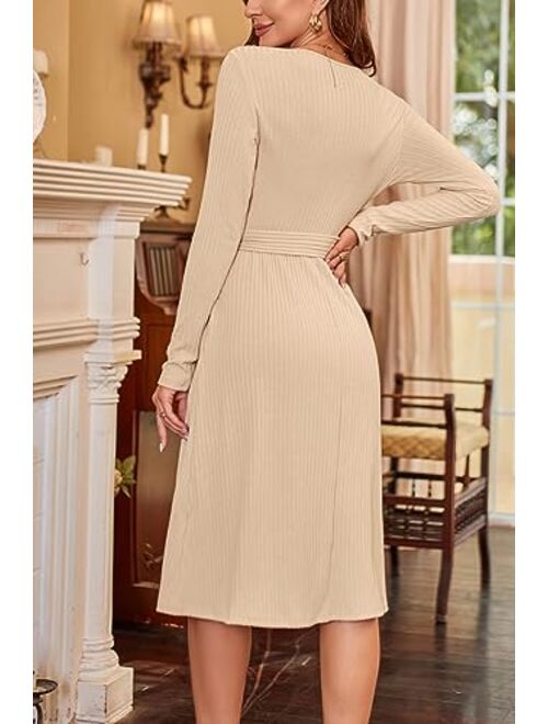 Newshows Women's 2023 Winter Sweater Dress Long Sleeve Spring V Neck Casual Ribbed Knit Belt Holiday Dresses with Pockets