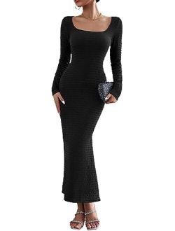Women's 2023 Fall Maxi Bodycon Dress Long Sleeve Square Neck Long Fitted Mermaid Dresses