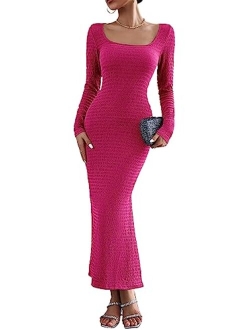 Women's 2023 Fall Maxi Bodycon Dress Long Sleeve Square Neck Long Fitted Mermaid Dresses