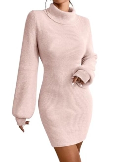 Xisoxu Turtleneck Sweater Dress for Women Lantern Sleeve Bodycon Pullover Mini Sweater Dress Stretchable Elasticity Slim