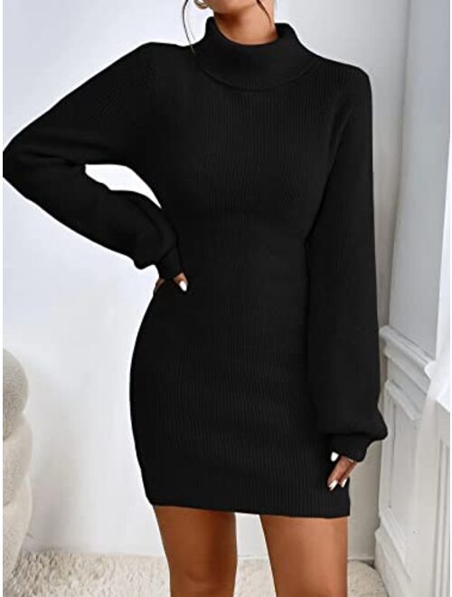 Xisoxu Turtleneck Sweater Dress for Women Lantern Sleeve Bodycon Pullover Mini Sweater Dress Stretchable Elasticity Slim