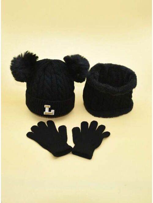 Shein 1set Kids' English Letter L Decorated Hat, Scarf, And Gloves