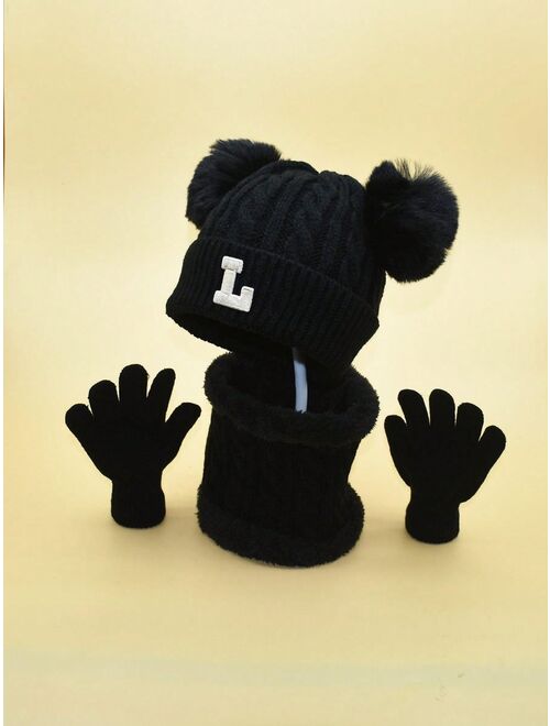 Shein 1set Kids' English Letter L Decorated Hat, Scarf, And Gloves