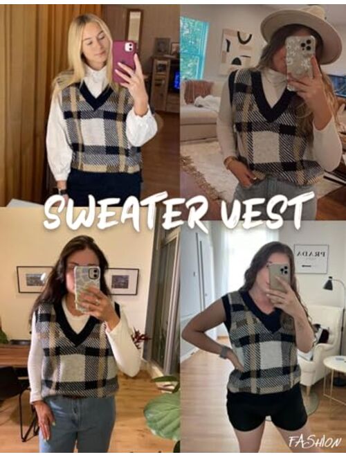 GAMISS Women's Sweater Vest V-Neck Plaid Pattern Sweater Sleeveless Tank Top Plaid Knitted Vest Pullover