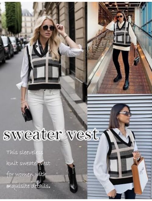 GAMISS Women's Sweater Vest V-Neck Plaid Pattern Sweater Sleeveless Tank Top Plaid Knitted Vest Pullover
