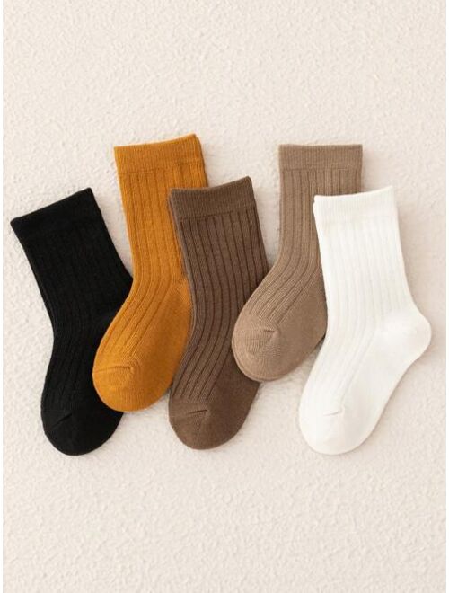 Shein 5 Pairs Children's Socks (mid-calf Length) In Coffee Tone: Dark Brown, Light Coffee, Milk Tea, And Orange With Black And White; Fashionable Vintage Style, Suitable 