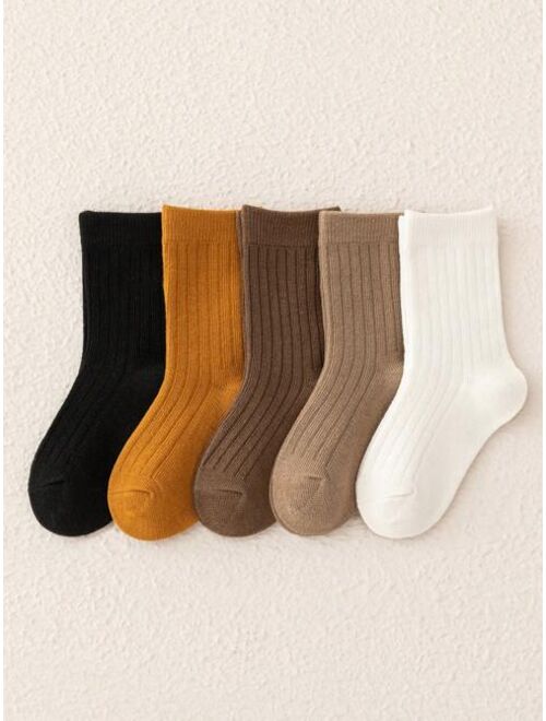 Shein 5 Pairs Children's Socks (mid-calf Length) In Coffee Tone: Dark Brown, Light Coffee, Milk Tea, And Orange With Black And White; Fashionable Vintage Style, Suitable 