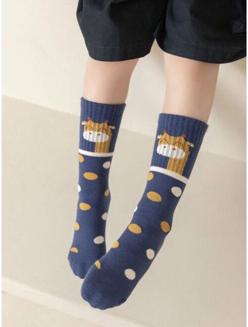 Shein 3 Pairs Of Cute Giraffe Polka Dot Letter Fashion Mid-Calf Socks For Boys And Girls In Autumn And Winter