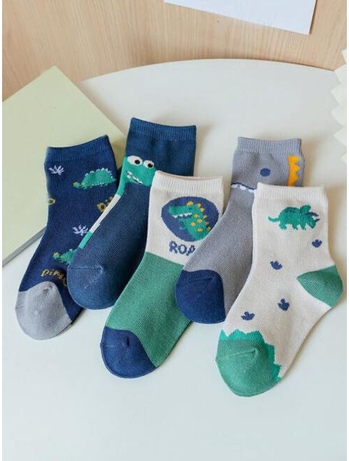 Shein 5pairs/set Boys' Cartoon Dinosaur Mid-calf Socks Suitable For Everyday Wear, All Seasons