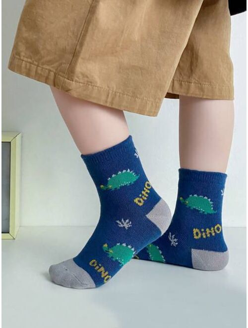 Shein 5pairs/set Boys' Cartoon Dinosaur Mid-calf Socks Suitable For Everyday Wear, All Seasons