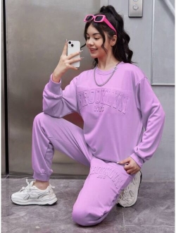 Teen Girl Solid Drop Shoulder Sweatshirt & Sweatpants