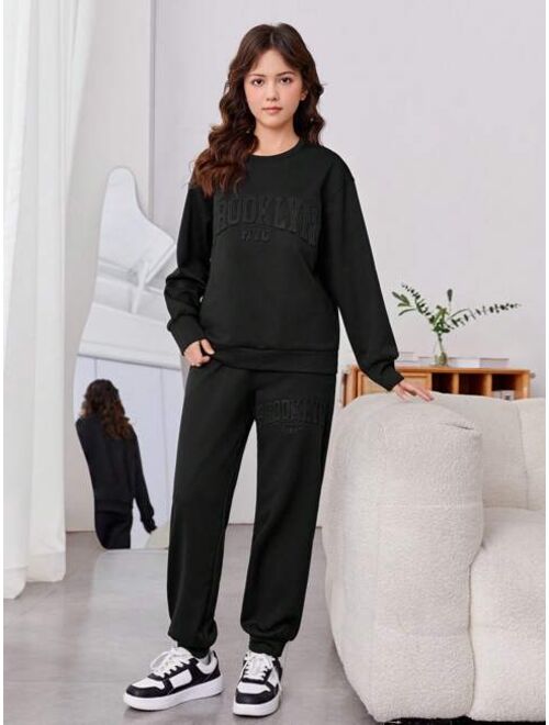 Shein Teen Girl Solid Drop Shoulder Sweatshirt & Sweatpants