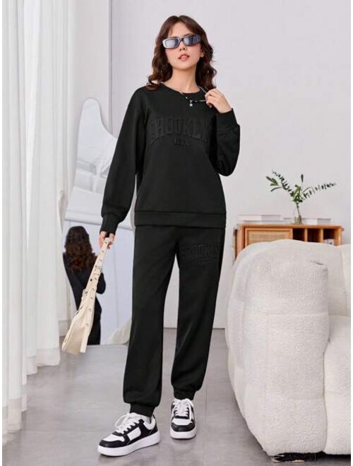 Shein Teen Girl Solid Drop Shoulder Sweatshirt & Sweatpants