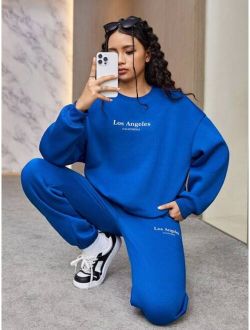 Teen Girl Letter Graphic Drop Shoulder Sweatshirt & Sweatpants