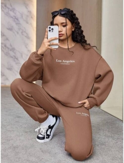 Teen Girl Letter Graphic Drop Shoulder Sweatshirt & Sweatpants