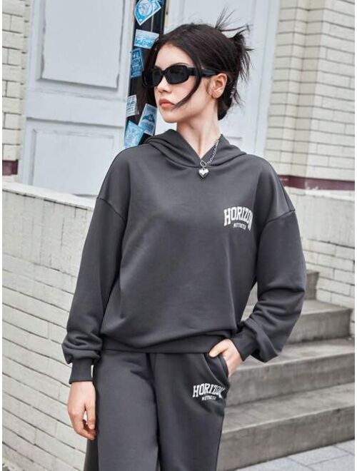 SHEIN Teen Girl Letter Graphic Drop Shoulder Hoodie & Sweatpants
