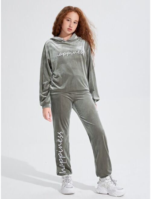 SHEIN Teen Girls Letter Embroidery Drop Shoulder Velvet Hoodie & Sweatpants