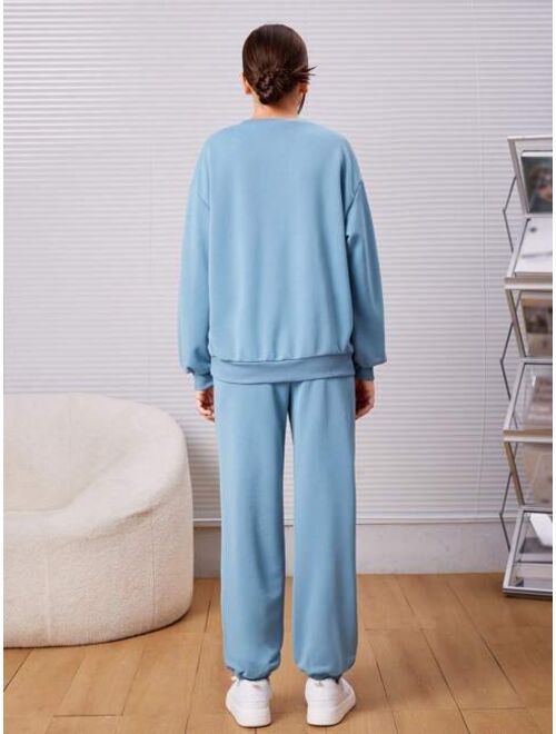 SHEIN Teen Girl Letter Graphic Drop Shoulder Pullover & Sweatpants