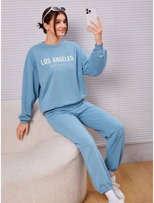SHEIN Teen Girl Letter Graphic Drop Shoulder Pullover & Sweatpants