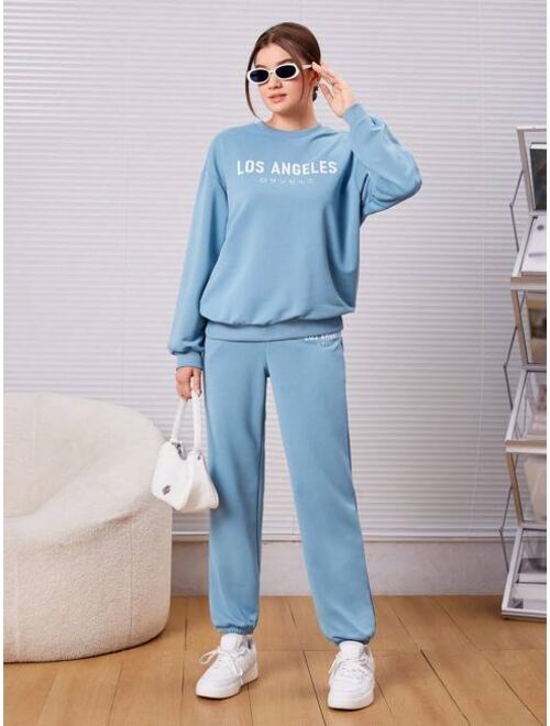 SHEIN Teen Girl Letter Graphic Drop Shoulder Pullover & Sweatpants