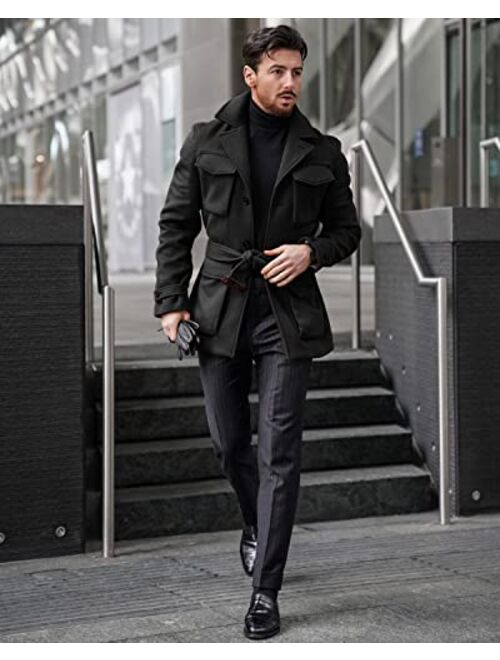 Pretifeel Mens Trench Coat Slim Fit Wool Blends Business Lapel Belted Overcoat Winter Casual Peacoat Jacket