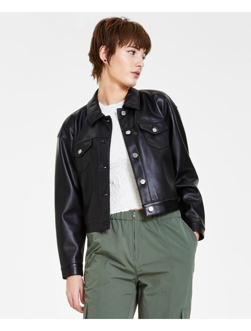 BAR III Petite Cropped Long-Sleeve Faux-Leather Jacket, Created for Macy's