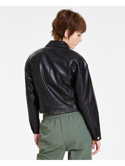 BAR III Petite Cropped Long-Sleeve Faux-Leather Jacket, Created for Macy's