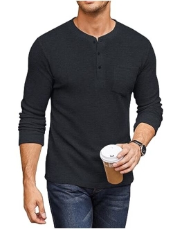 Men's Henley Shirts Long Sleeve Basic Waffle Pique Pullover T-Shirt with Pocket