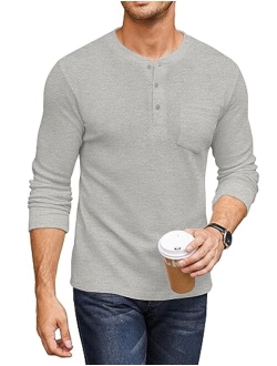 Men's Henley Shirts Long Sleeve Basic Waffle Pique Pullover T-Shirt with Pocket