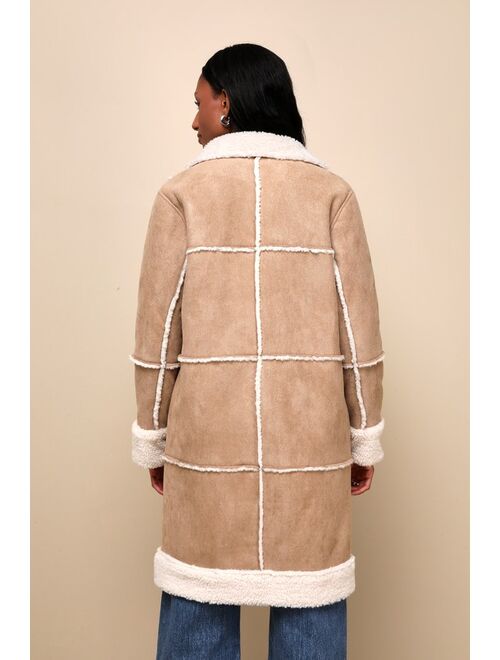 Lulus Warm Love Beige and Ivory Patchwork Shearling Coat