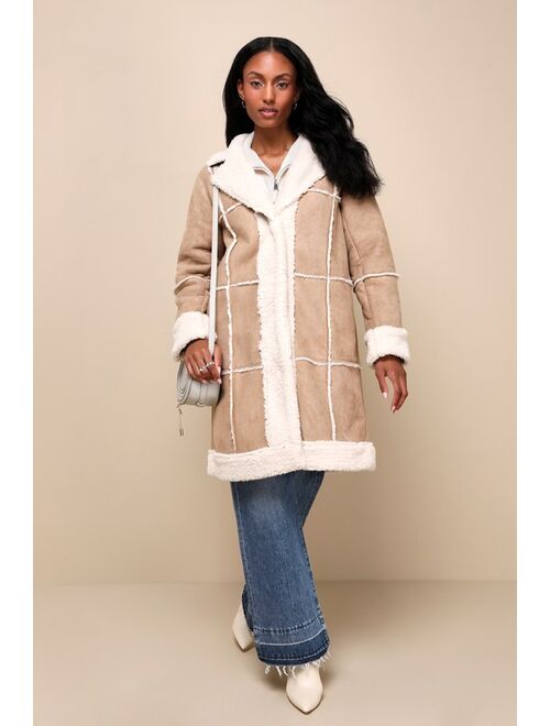 Lulus Warm Love Beige and Ivory Patchwork Shearling Coat