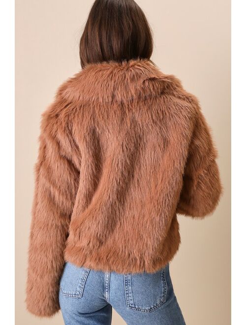 Avec Les Filles Luxurious Demeanor Brown Faux Fur Cropped Jacket