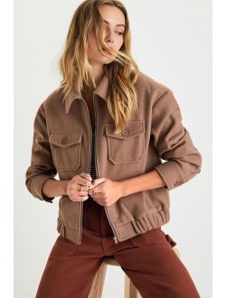 Cozy Sensation Taupe Collared Bomber Jacket