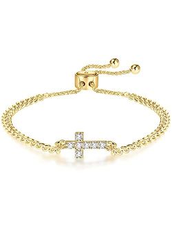 Apsvo Evil Eye Bracelet, Sideway Cross Bracelet, Silver/Gold/Rose Gold Bracelet for Women Girls Adjustable Slide Chain Jewelry