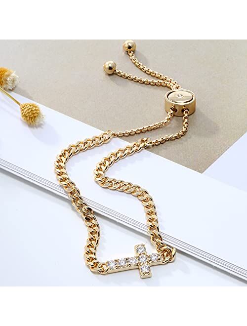 Apsvo Evil Eye Bracelet, Sideway Cross Bracelet, Silver/Gold/Rose Gold Bracelet for Women Girls Adjustable Slide Chain Jewelry