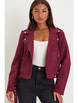 Proud Perfection Burgundy Suede Belted Moto Jacket