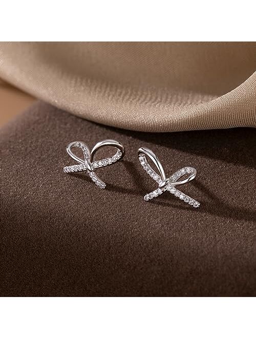 Reffeer Solid 925 Sterling Silver Bow Studs Earrings for Women Teen Girls CZ Bow Post Studs Earrings