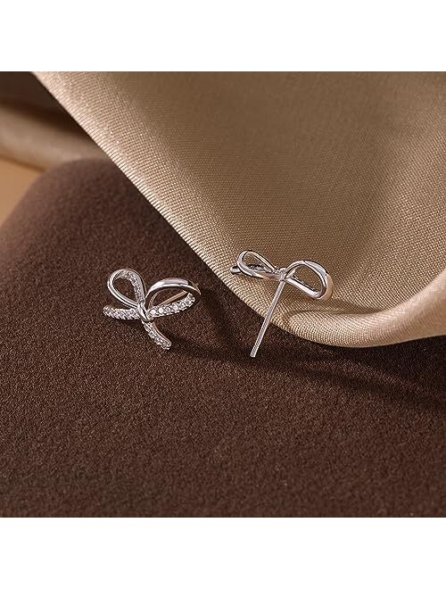 Reffeer Solid 925 Sterling Silver Bow Studs Earrings for Women Teen Girls CZ Bow Post Studs Earrings