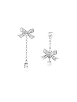 Reffeer Solid 925 Sterling Silver CZ Bow Drop Earrings for Women Girls Bowknot Dangle Earrings Chain Ribbon Earrings