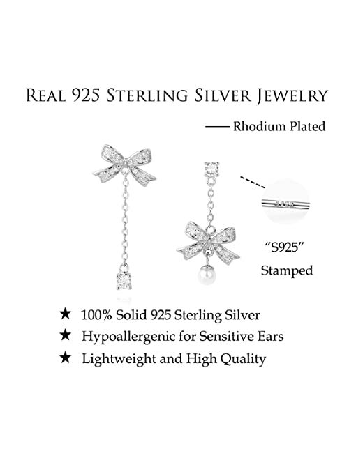 Reffeer Solid 925 Sterling Silver CZ Bow Drop Earrings for Women Girls Bowknot Dangle Earrings Chain Ribbon Earrings