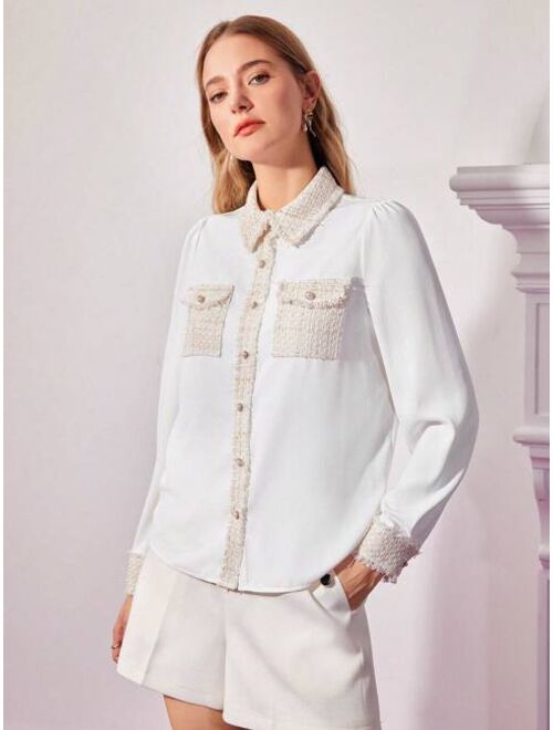 MOTF Premium Women's Long Sleeve Tweed Detail Shirt