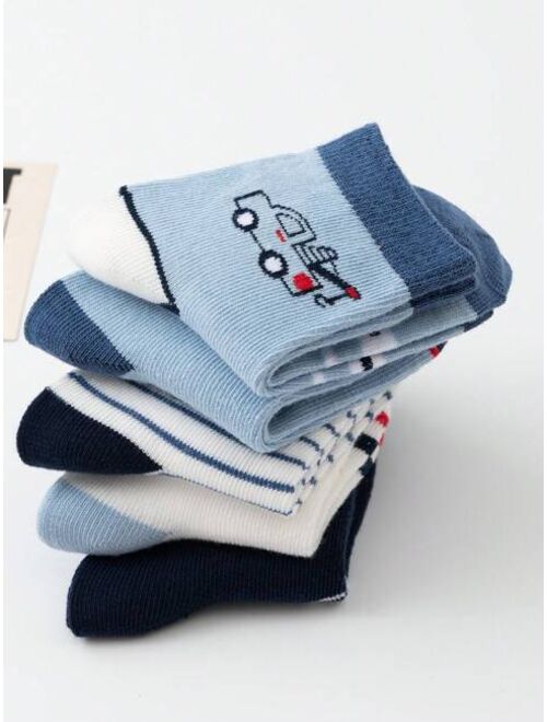 Shein 5 Pairs/set Boys' Cartoon Car Design Mid-calf Socks, Blue Color For Spring And Autumn