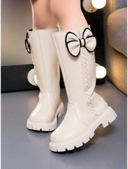 Children's New Style Pure Color High Boots For Autumn And Winter, Girls' Bowknot Decorated Round-toe Leather Boots With Fleece Lining