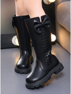 Children's New Style Pure Color High Boots For Autumn And Winter, Girls' Bowknot Decorated Round-toe Leather Boots With Fleece Lining