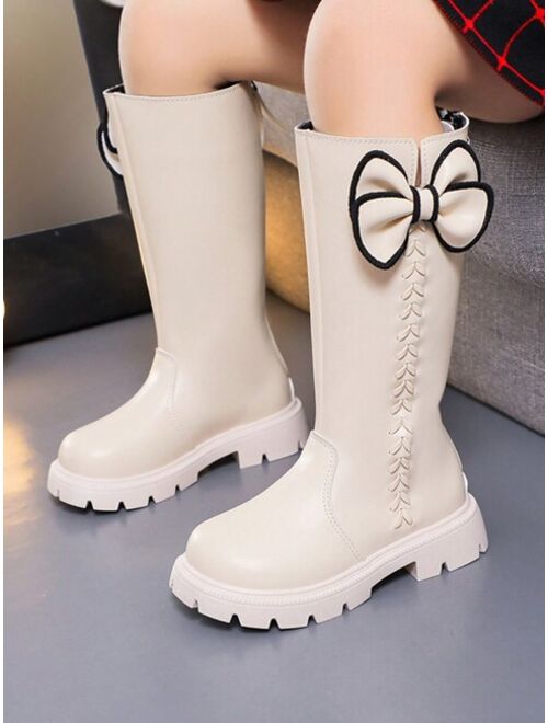 Shein Children's New Style Pure Color High Boots For Autumn And Winter, Girls' Bowknot Decorated Round-toe Leather Boots With Fleece Lining