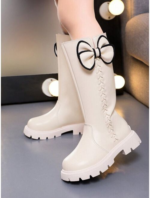 Shein Children's New Style Pure Color High Boots For Autumn And Winter, Girls' Bowknot Decorated Round-toe Leather Boots With Fleece Lining