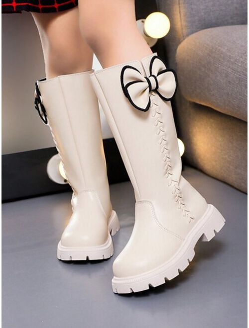 Shein Children's New Style Pure Color High Boots For Autumn And Winter, Girls' Bowknot Decorated Round-toe Leather Boots With Fleece Lining