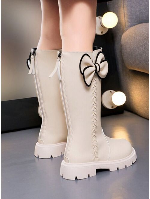 Shein Children's New Style Pure Color High Boots For Autumn And Winter, Girls' Bowknot Decorated Round-toe Leather Boots With Fleece Lining